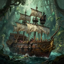 the old wreckage of a legendary pirate ship, a magical treasure in an ancient lost temple, dense tropical jungle, digital painting, trending on artstation, concept art, matte painting, highly detailed, art by greg rutkowksi, craig mullins