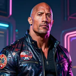 detailed portrait Dwayne Johnson, cyberpunk futuristic neon, reflective leather jacket, decorated with traditional Japanese ornaments by Ismail inceoglu dragan bibin hans thoma greg rutkowski Alexandros Pyromallis Nekro Rene Maritte Illustrated, fine details, realistic shaded