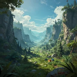 a fantastic landscape in style of Made in Abyss, 4k, trending on artstation, high quality, illustration, octane render, unreal engine 5