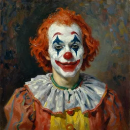beautiful oil painting portrait of a clown art by anders zorn, wonderful masterpiece by greg rutkowski, expressive brush strokes, beautiful cinematic light, american romanticism by greg manchess, jessica rossier
