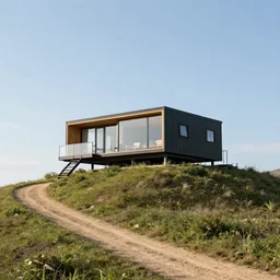 a large modern cabin on top of a tall hill with a dirt path, artstation
