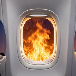 passenger looking a huge fire at window in airplane