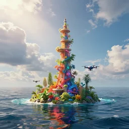 a beautiful insanely realistic render of bioremediation plant in the middle of the ocean, beautiful tower with drones, reflexions, colorfull, octane render, redshift, hdr, volumetric light, clouds, sunrays, trending on artstation, insanely detailed, masterpiece
