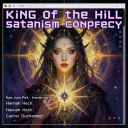 GUI for a website outlining a the King of the Hill Satanism conspiracy, futuristic, Y2K, esoteric, occult, web design, by Nam June Paik, Hannah Hoch, Marcel Duchamp