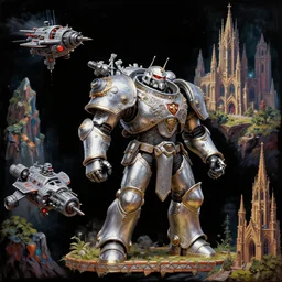 stylistic vray 3 d render of sidescrolling shooter robotech warhammer, silver ornate armor warrior, macross spaceship with lots of tiny guns, mountains and giant gothic abbeys!!!, hyperrealism, fine detail, 8 k, artsation contest winner, cgsociety, fantasy art, cryengine, brush strokes, oil, canvas, gaudy colors on black background by mandy jurgens and michael whelan