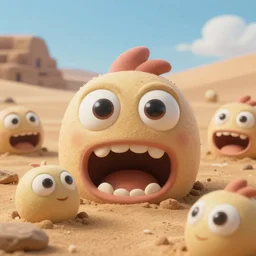 of a desert with large cute strange friendly creatures with huge eyes, mouth and teeth appearing from the ground, in the style of Bepple, macro lens, shallow depth of field, highly detailed, digital painting, trending artstation, concept art, illustration, cinematic lighting, vibrant colors, photorealism, epic, octane render