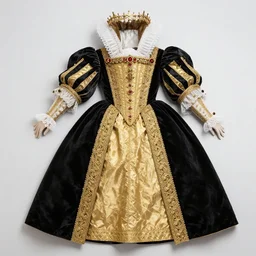 flat lay of queen elizabeth the first clothing, high quality studio photograph.