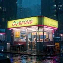 the only open cyberpunk blade runner fast food stand in the cyberpunk city during a melancholy rainy night