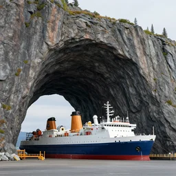 A shipyard under huge rock arches in the Yukon, detailed matte painting, artstationhq