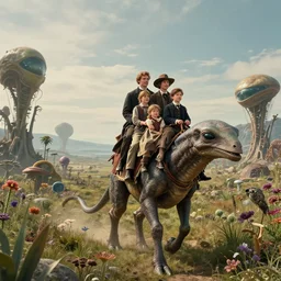 35mm still from a sci fi blockbuster movie made in 2022, set in 1860, of a family riding on the back of alien creatures, on an alien planet, across the alien landscape that is full of strange wild alien plants and flowers, family are wearing 1850s era clothes, good lighting, 8k, in focus faces, good quality photography, oscar winner