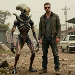 sharlto copley in district 9 standing next to an alien humanoid bug