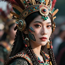 hyper realistic photography portrait of postapocalyptic cyberpunk asian japanese cyborg tribal festival warrior amazon face cinematic, vallejo, craig mullins greg rutkowski, artstation, cgsociety