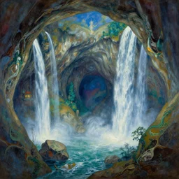 a beautiful painting of a large cavern filled with mystical magic and waterfalls by moebius