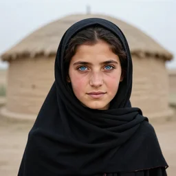 a beautiful afghan girl, hut in background, soft lighting, professionally retouched, highly realistic, smooth face, blue sharp eyes, black hair, very sharp focus, wide angle shot, insanely detailed, gorgeous, photo by steve mccurry