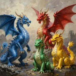 a blue dragon, a red dragon, a green dragon and a yellow dragon, photorealistic painting
