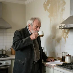 photograph of a old and dusty professor in black suit drinking ten cups of coffee to study the melting walls and paint of a kitchen - h 6 4 0