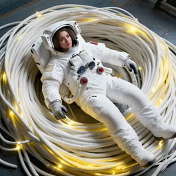 a beautiful female astronaut lying entangled in a massive bundle of thick white, yellow cables and luminous cables made of light, absurdly beautiful, gorgeous, elegant, playful, young woman, an ultrafine hyperdetailed illustration by kim jung gi, irakli nadar, intricate linework, bright colors, octopath traveler, final fantasy, unreal engine 5 highly rendered, global illumination, radiant light, detailed and intricate environment
