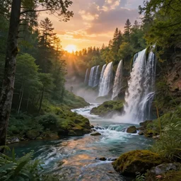 forest landscape with river and waterfalls in the sunset, magic fantasy, digital art, highly detailed, trending on artstation, Greg Rutkowski, Andreas Rocha, Darek Zabrocki, Sylvain Sarrailh, Dan Mumford, Peter Mohrbacher, Thomas Kinkade