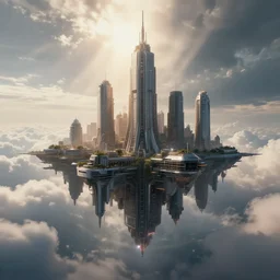 floating futuristic city in the clouds, dramatic lighting, God rays