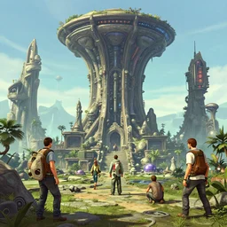 highly detailed alien world illustration in gta v, stephen bliss, unreal engine, fantasy art by greg rutkowski, loish, rhads, ferdinand knab, makoto shinkai and lois van baarle, ilya kuvshinov, rossdraws, tom bagshaw, global illumination, radiant light, detailed and intricate environment