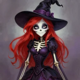 cute & beautiful smug smiling undead skeleton girl with red hair dressed as a very attractive witch, elegant, digital art, fantasy, pixar style, painting, pin up, highly detailed, artstation, art by artgerm, vrubel, greg rutkowski, ilya kuvshinov, raymond swanland
