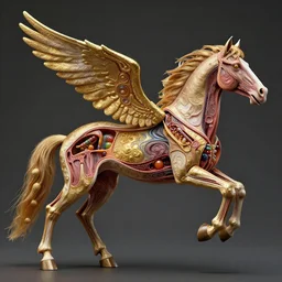 hyperrealistic photo of a flying winged opened up horse, the internal body parts of this opened up horse turn into cosmic marbled paper texture made out of liquid gold and candy and stringy taffy, complexity, intricacy, embossed texture, anatomically correct, medical photo, cross sections, moody, micro details, 1 6 k