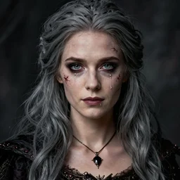 portrait of a witch, grey hair, scars, tears, beautiful, stunning, detailed, by artgerm, by greg rutkowski, by luis royo, by pixar, by myazaki, gothic, final fantasy, fantasy, medieval