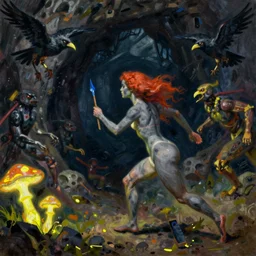 impressionistic painting of a red haired neanderthal woman with grey skin holding a small blue spear running through dark underground caves fleeing from humanoid bird monsters, neon yellow glowing mushrooms, in the style of henry fuseli and beksinski
