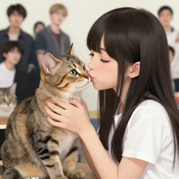 cell shaded, a cute anime girl kissing a realistic hyper detailed kitten, wlop, ilya kuvshinov, artgerm, krenz cushart, greg rutkowski, hiroaki samura, range murata, james jean, katsuhiro otomo, erik jones