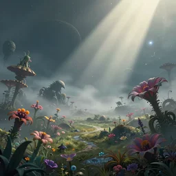 landscape of an alien planet, beautiful, atmosphere, vibe, mist, esotic flowers, strange animals, alien plants, concept art illustration, color page, tone mapping, volumetric lighting, sunbeams, particles