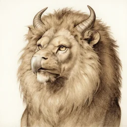 a creature with the eyes of a man, beak of an eagle, no nose, the mane of a lion, two horns on the head. drawn by da vinci