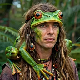 half - body portrait of hippie fused with frog goddess in garden masterpiece happiness by jim burns doyle, tim detailed ultrarealistic expressive eyes dynamic cinematic dramatic