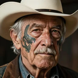 elderly cowboy, dragon tattoo on face, close up, portrait, hyper - realistic