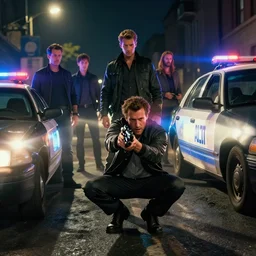 a man ducks behind a police car with a gun, night, lens flares, city street, epic cinematic hyperrealism masterpiece, realistic shaded lighting by craig mallismo, artgerm, jeremy lipkin and michael garmash and hans zatzka, unreal engine, radiant light, detailed and complex environment, digital art, art station trends