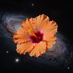 a small hibiscus flower with detailed orange pedals, floating in space, wide perspective, hubble photo, olympus xa camera, 3 5 mm film, beautiful, galaxies
