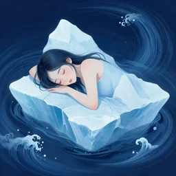 a female art student falling asleep, iceberg, dark, sensual, dreamy, waves, swirls, blue drips, fish, blueberries, octopus, neo - impressionist, surrealism