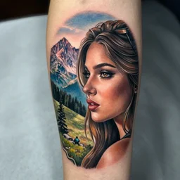 tattoo design of a beautiful girl next face to a beautiful mountain scenery, hyper realistic