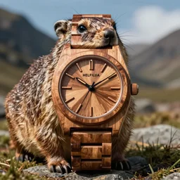 geometric wooden wrist watch helvetica on the head of a hyrax