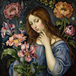 multicolor drawing of девушка и фантазииные цветы by sandro botticelli created at modern world in 4 k ultra high resolution, with depressive feeling