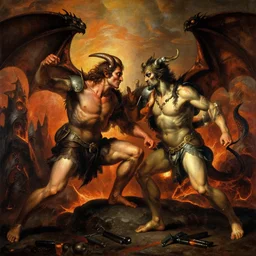 a demon, fighting, a dragon. in hell, lava spires. painted by michelangelo. cinematic, epic composition, dramatic lighting,
