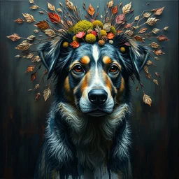 full body wide environmental shot portrait of beautiful dog by irakli nadar with intricate detailed color smashing fluid oil paint and acrylic, dried moss and dried autumn leaves headdress, melting wax, mycelia, abstract impressionism, ruan jia, dark fantasy, hyper detailed, concept art, by gustav klimt,