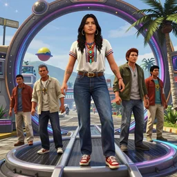 highly detailed portrait of an indigenous exciting ecuadorian woman travelling on a time travel portal in gta v, loish, rhads. poster art by stephen bliss, unreal engine, greg rutkowski, ferdinand knab, makoto shinkai and lois van