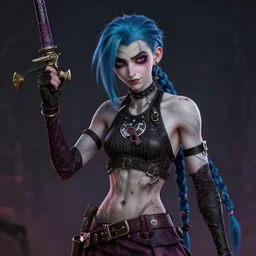 jinx in the art style of breath of the wild, grimdark dramatic lighting, digital art, intricate, highly detailed, matte painting, fine art