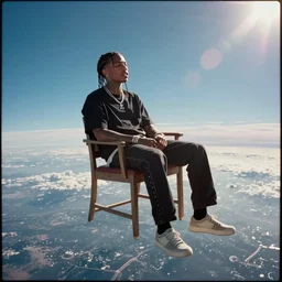 Travis Scott sitting on a chair floating over Earth, 4k, Aubrey Powell, vintage photo, lens flare, beautiful cinematography, surreal, film grain