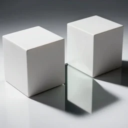 a plain white cube looking at its own reflection in a mirror. a plain white cube gazing at itself in a mirror