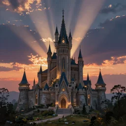 a beautiful landscape with futuristic castle at dusk with godrays, majestic skies, oil painting, by greg rutkowski, by raphael lacoste, by craig mullins