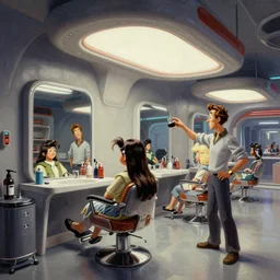 concept art of jetsons cartoon scenario of a futuristic hair salon, painted by syd mead