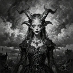 By Tom Bagshaw, ultra realist soft painting portrait of zynoid curiosities carnival by night, very beautiful horned single dollpunk gothic fully dressed fading, symmetry accurate features, very intricate details, ominous sky, black and white, volumetric light clouds