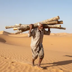 an old man carrying logs on his back through the Sahara