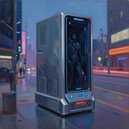1 9 9 5 box art. netrunner cyberdeck. on the streets of future la. character class. keith parkinson. oil on canvas.